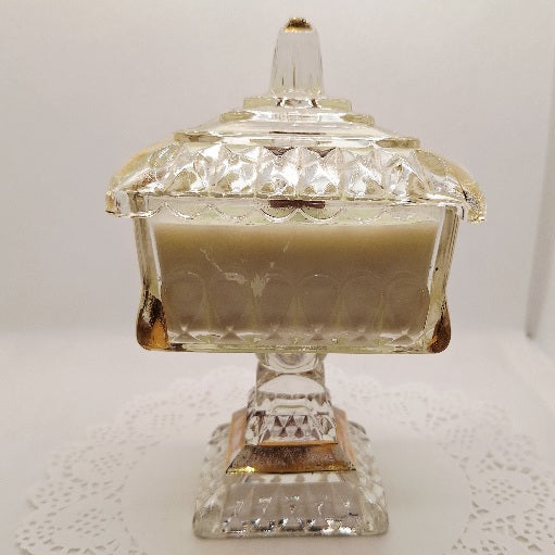 Clear and Gold Gilded Jeanette Glass Pedestal Wood Wick Soy Wax Candle