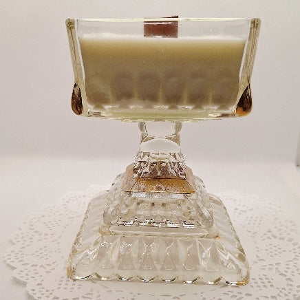 Clear and Gold Gilded Jeanette Glass Pedestal Wood Wick Soy Wax Candle