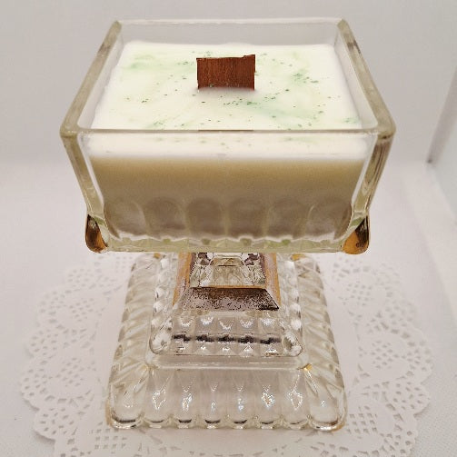 Clear and Gold Gilded Jeanette Glass Pedestal Wood Wick Soy Wax Candle