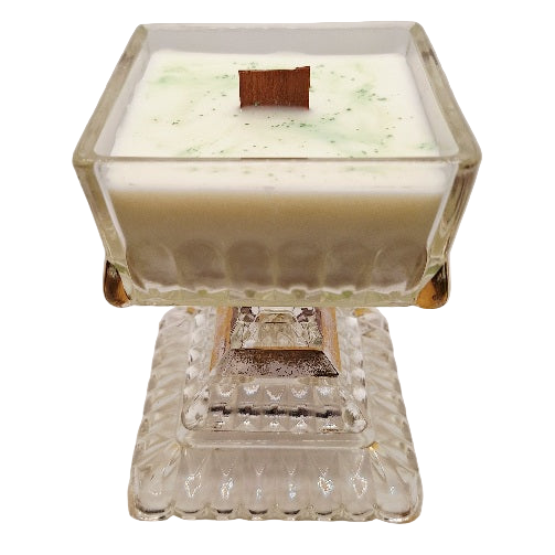 Clear and Gold Gilded Jeanette Glass Pedestal Wood Wick Soy Wax Candle