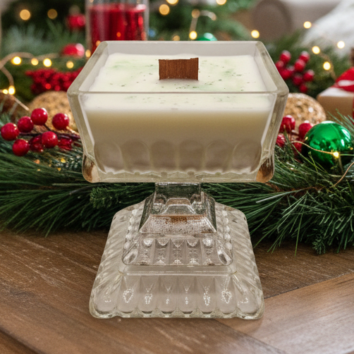 Clear and Gold Gilded Jeanette Glass Pedestal Wood Wick Soy Wax Candle