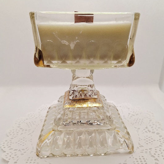 Clear and Gold Gilded Jeanette Glass Pedestal Wood Wick Soy Wax Candle