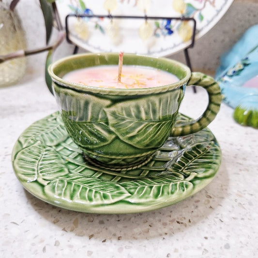 Vintage Hill Butler Ceramic Leaf and Lattice Teacup and Saucer Soy Wax Candle