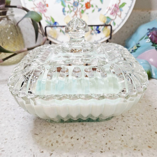 Vintage Lidded Square Pressed Glass Dish 18 oz Soy Wax Candle