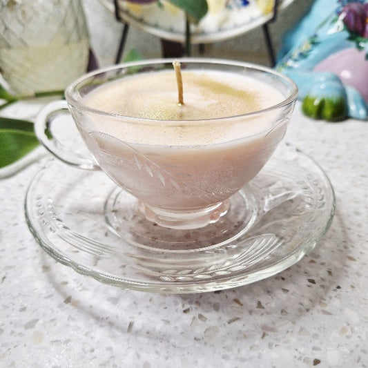 Vintage Anchor Hocking Two Sheaves of Wheat Clear Glass Teacup Soy Wax Candles