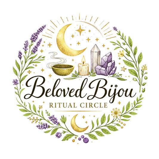 Logo for 'Beloved Bijou Ritual Circle' with decorative elements like flowers, a moon, and crystals.