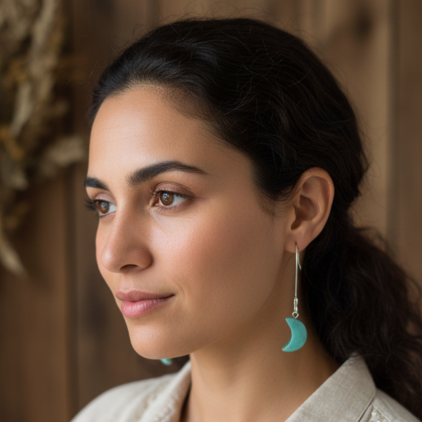 Woman wearing green aventurine moon-shaped earrings with a neutral background