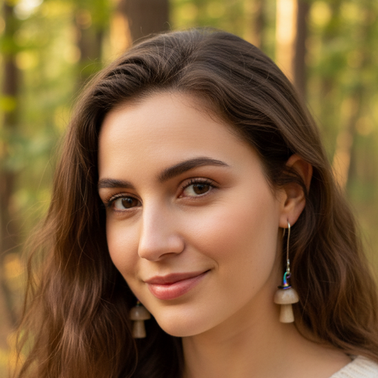Woman with long brown hair and mushroom earrings standing in a forest