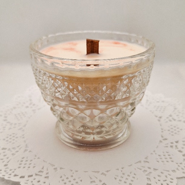 Depression Glass Wood Wick Candle