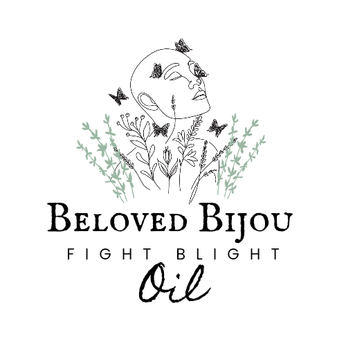 Logo for 'Beloved Bijou' with a stylized face, butterflies, and plants on a white background.