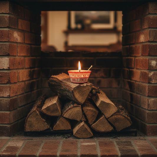 Fire starter Candle on a pile of wood logs in front of a brick fireplace