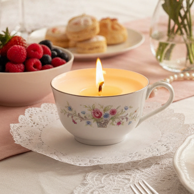 Teacup candle on a lace doily with pastries and berries in the background