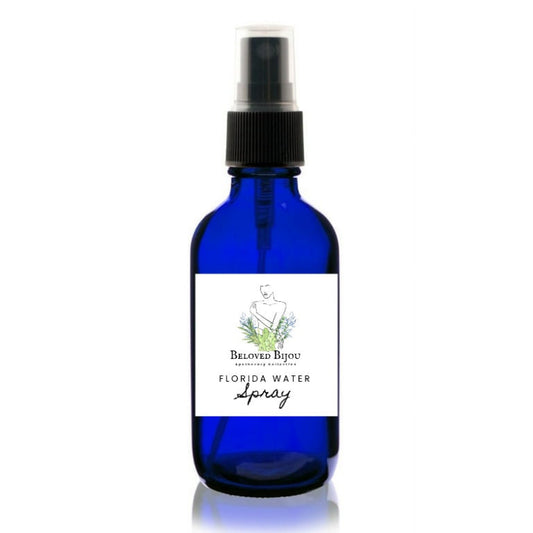 Blue spray bottle with a label on a white background