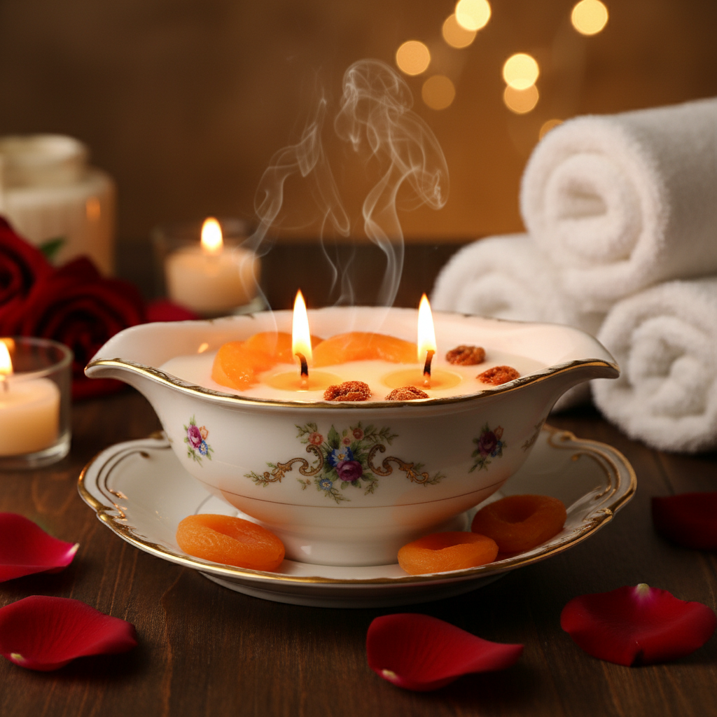 Decorative gravy boat with candle and dried fruits on a wooden table in a spa setting