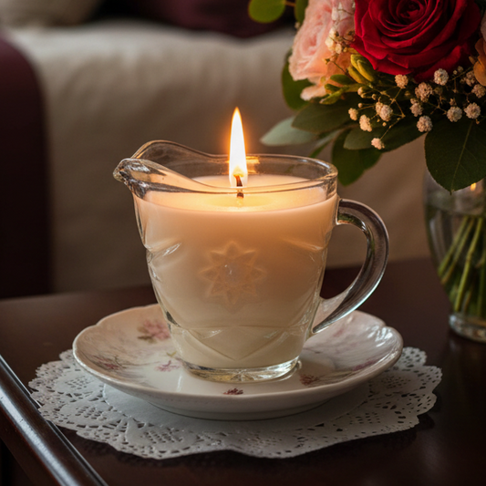 Glass candle with a floral arrangement in the background