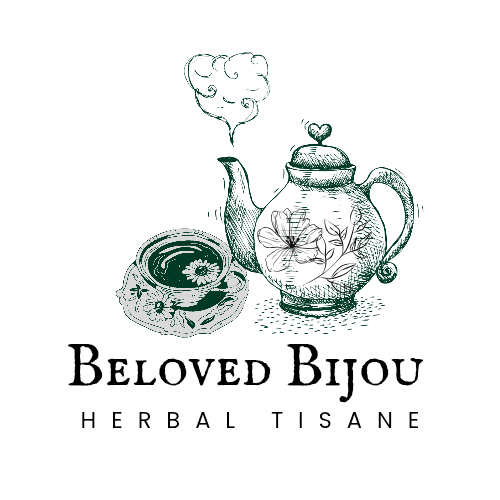 Teapot and cup with 'Beloved Bijou Herbal Tisane' text on a white background
