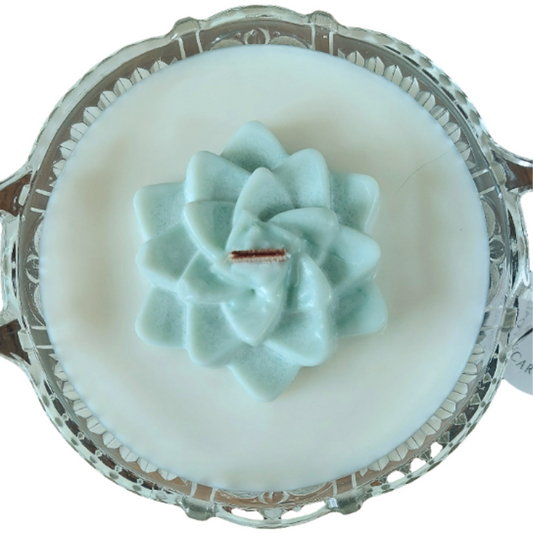 Molded Agave Bloom Vintage Dish Wood Wick Candle
