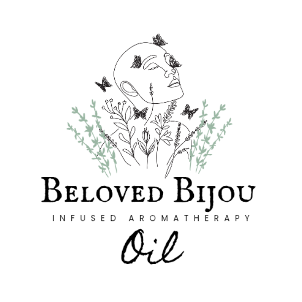 Logo for Beloved Bijou Infused Aromatherapy Oil with a stylized face and butterflies.