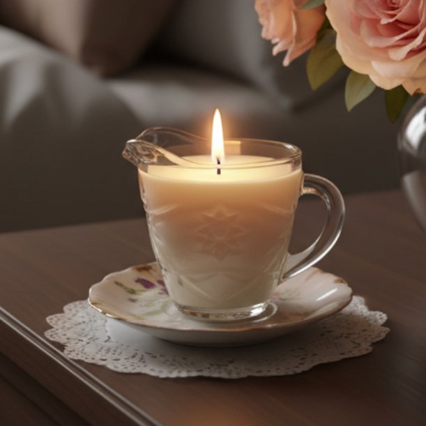 Glass candle with a lit wick on a saucer with flowers in the background