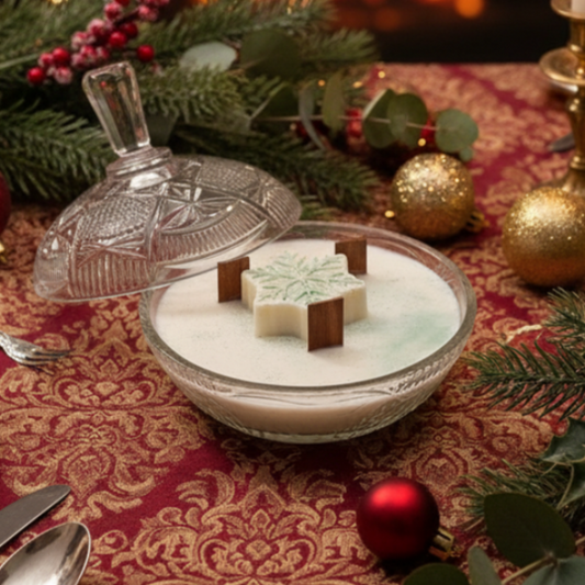 Decorative glass bowl with star-shaped cookies on a festive tablecloth with Christmas decorations.