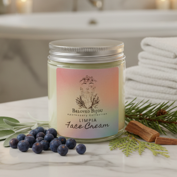 Jar of Beloved Bijou Limpia Face Cream on a marble surface with berries and cinnamon sticks.