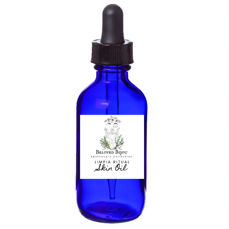 Blue glass dropper bottle with a white label on a white background