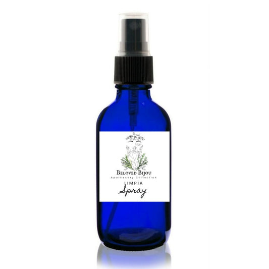 Blue spray bottle with a white label on a white background