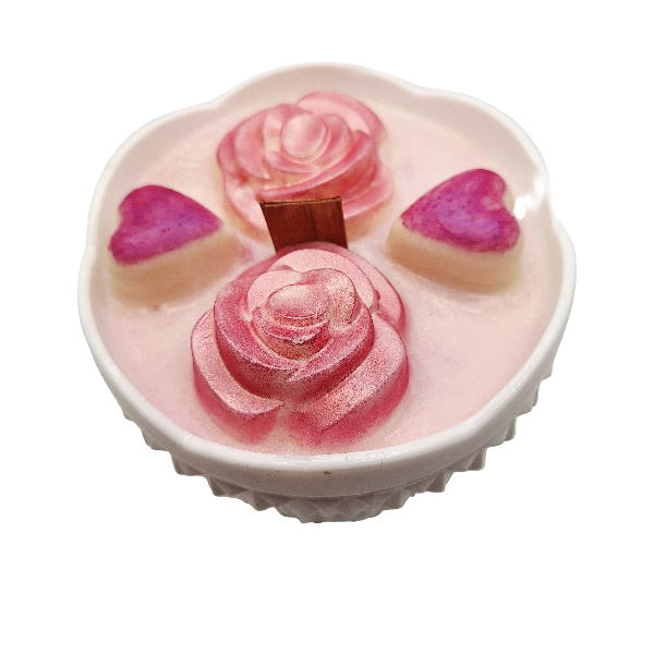 Decorative soy wax candle in a vintage milk glass dish