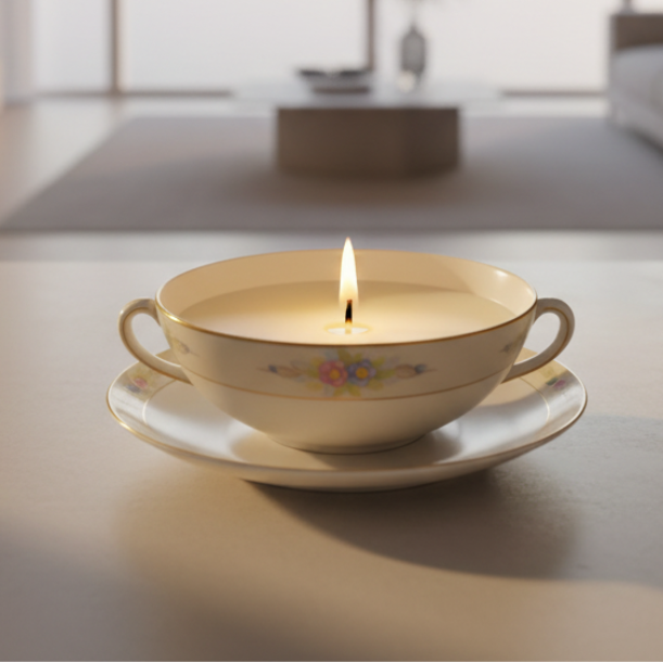 A small lit candle in a Noritake Porcelain bowl with floral detailing, resting on a matching saucer in the foreground, with a softly blurred modern living room in the background.