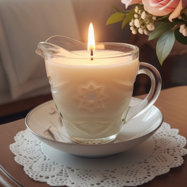 Glass massage oil candle with a lit wick on a saucer, surrounded by flowers on a table.