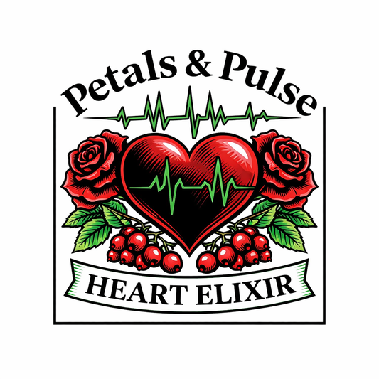 Logo for 'Petals & Pulse Heart Elixir' with a heart, roses, and red berries on a white background.