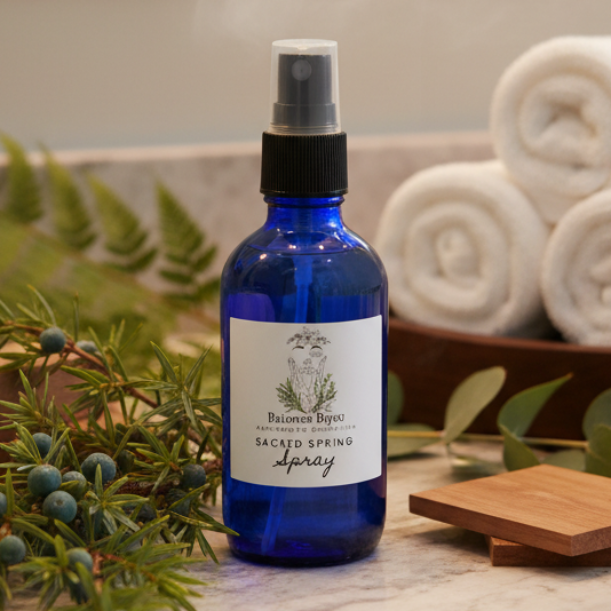 Blue spray bottle labeled 'Sacred Spring Spray' on a marble surface with greenery and towels in the background.
