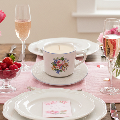 Tabletops Unlimited Victorian Rose 8 oz Teacup and Saucer Candles