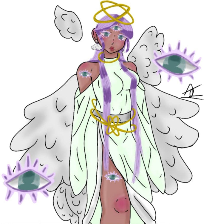Cartoon character with angelic wings, purple hair, eyes everywhere, and mystical elements on a white background