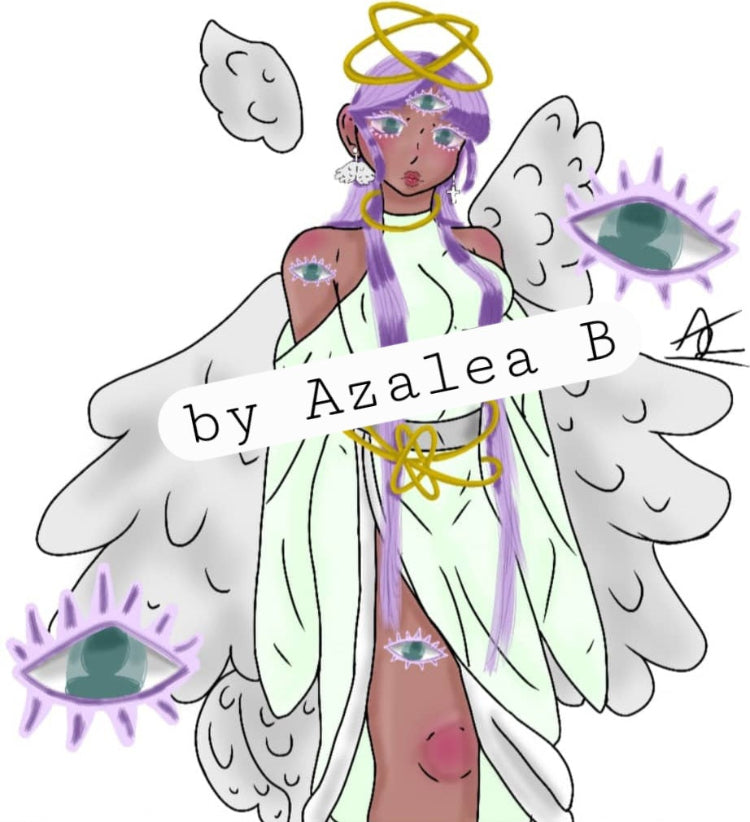 Cartoon character with angel wings and purple hair, wearing a white dress, surrounded by mystical elements.