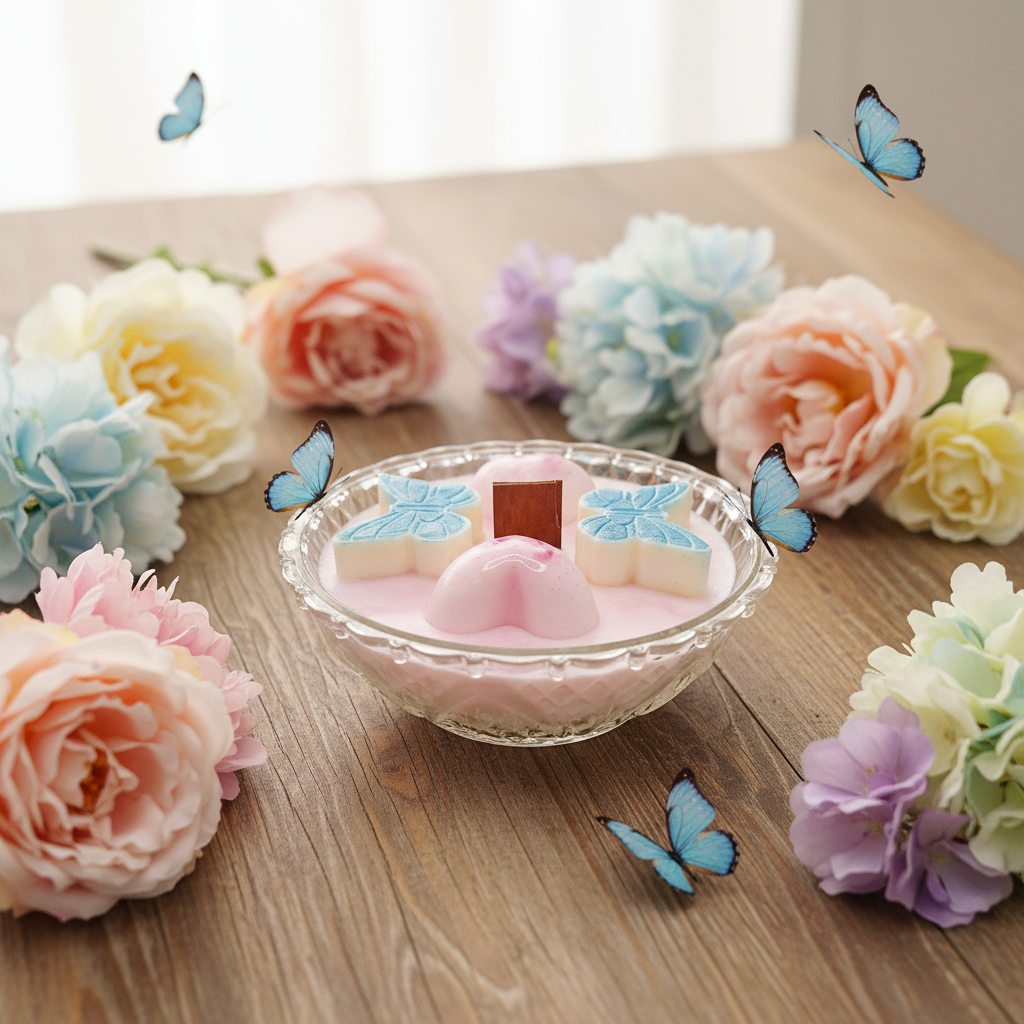 Pastel-colored soy wax candle in a bowl with flowers and butterflies on a wooden surface