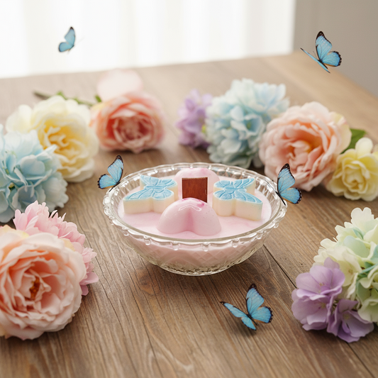 Pastel-colored soy wax candle in a bowl with flowers and butterflies on a wooden surface