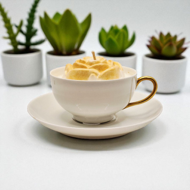 White teacup with gold handle on a saucer, filled with a creamy dessert, against a light background with potted plants.