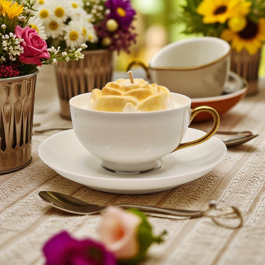 White teacup with a decorative yellow rose candle on a wooden table with flowers and a teapot in the background.