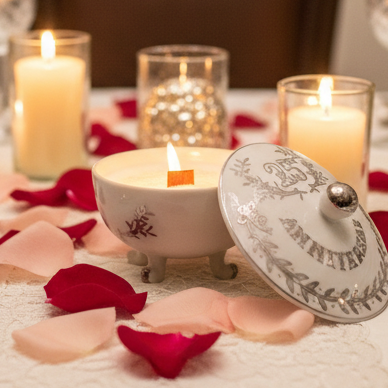 Lefton 25th Anniversary 8 oz Footed Dish Wood Wick Candle