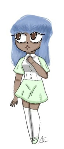 Cartoon character with blue hair and a light green outfit on a white background