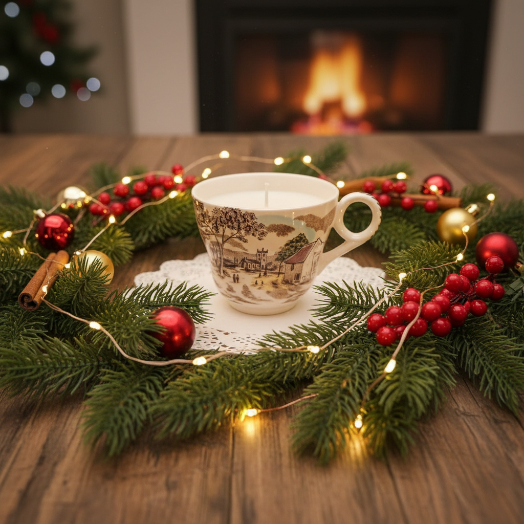 Decorative Christmas scene with a mug, lights, and ornaments on a wooden table in front of a fireplace.