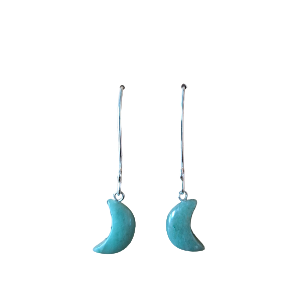 Pair of green aventurine crescent moon earrings on a white background