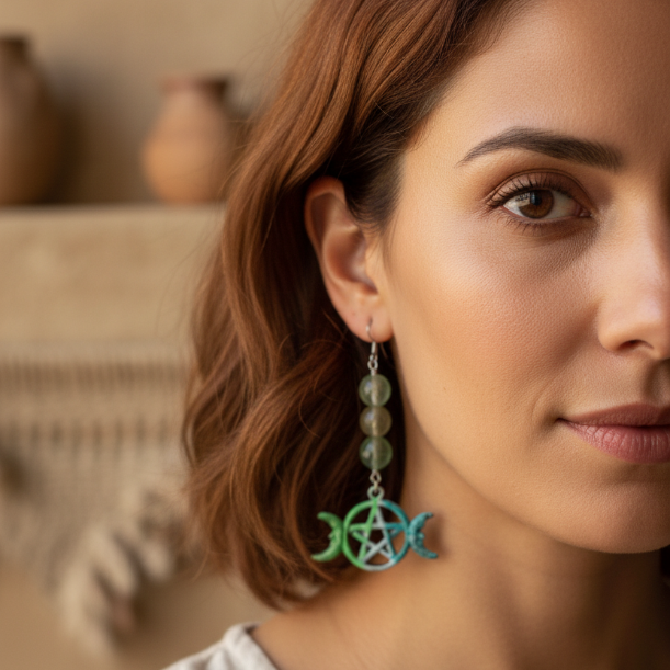 A close-up of a woman wearing a dangling earring with green beads and a blue-green triple moon and pentagram symbol, set against a warm, neutral background.