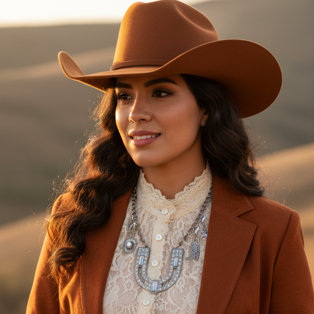 Woman wearing a brown cowboy hat and coat with a scenic background