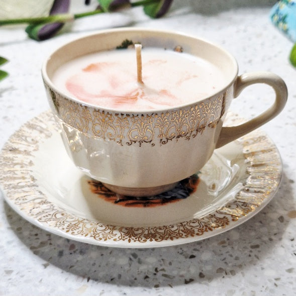 Vintage 1950s Sovereign Potters “Minuet” Courting Couple Cup & Saucer — Made in Canada, Gold Filigree Soy Wax Candle