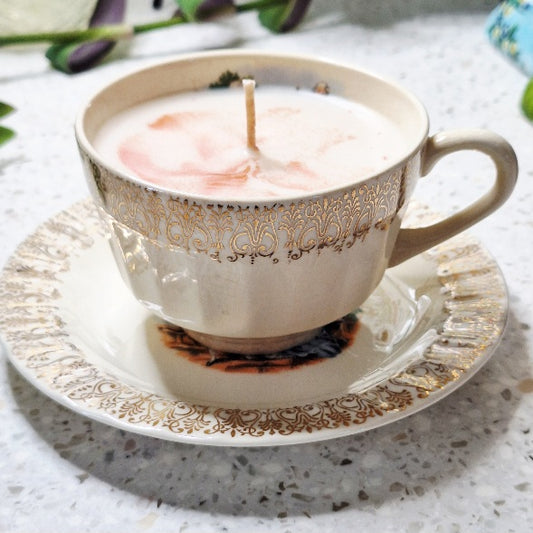 Vintage 1950s Sovereign Potters “Minuet” Courting Couple Cup & Saucer — Made in Canada, Gold Filigree Soy Wax Candle