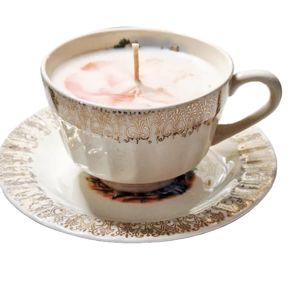 Vintage 1950s Sovereign Potters “Minuet” Courting Couple Cup & Saucer — Made in Canada, Gold Filigree Soy Wax Candle