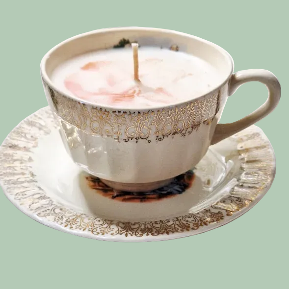 Vintage 1950s Sovereign Potters “Minuet” Courting Couple Cup & Saucer — Made in Canada, Gold Filigree Soy Wax Candle