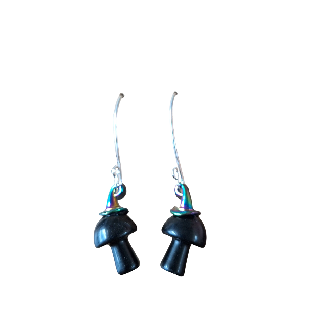 Black mushroom-shaped earrings on a white background